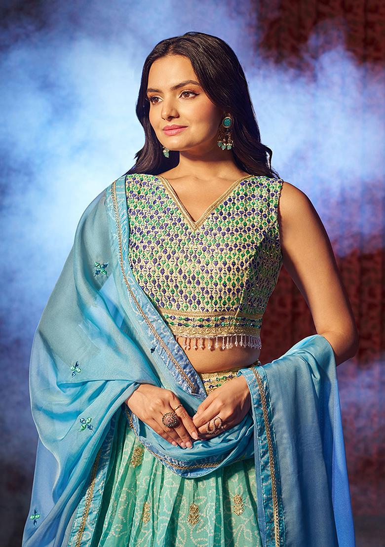 Blue Printed Organza Lehenga Set