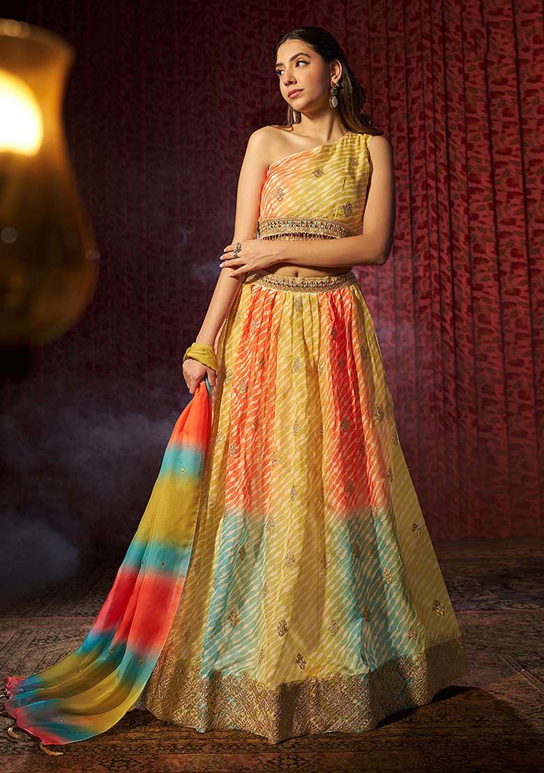 Yellow Embroidered Organza Lehenga Set for Diwali and Festive Wear - Indya