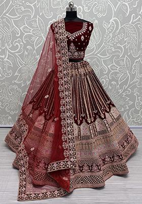 Maroon Embroidered Velvet Lehenga Set