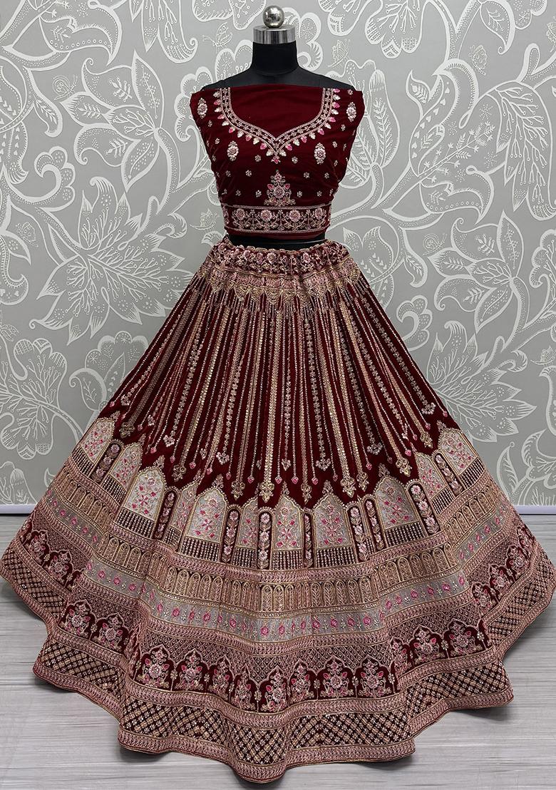 Maroon Embroidered Velvet Lehenga Set