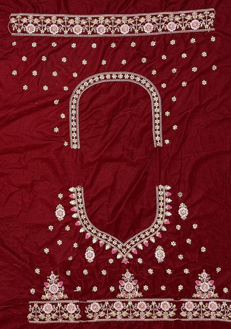 Maroon Embroidered Velvet Lehenga Set