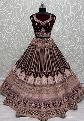 Maroon Embroidered Velvet Lehenga Set