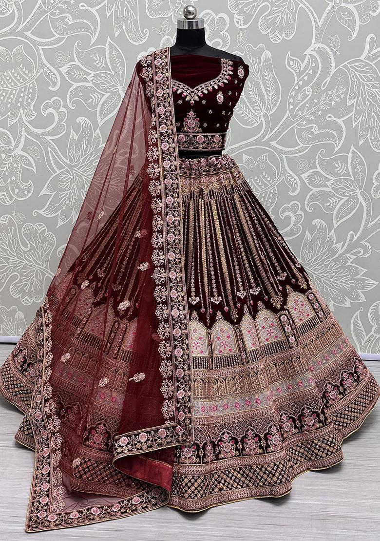 Maroon Embroidered Velvet Lehenga Set
