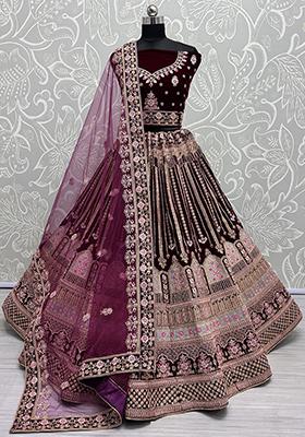 Pink Embroidered Velvet Lehenga Set