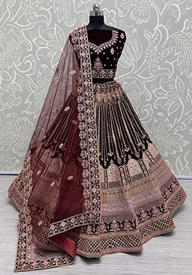 Wine Embroidered Velvet Lehenga Set