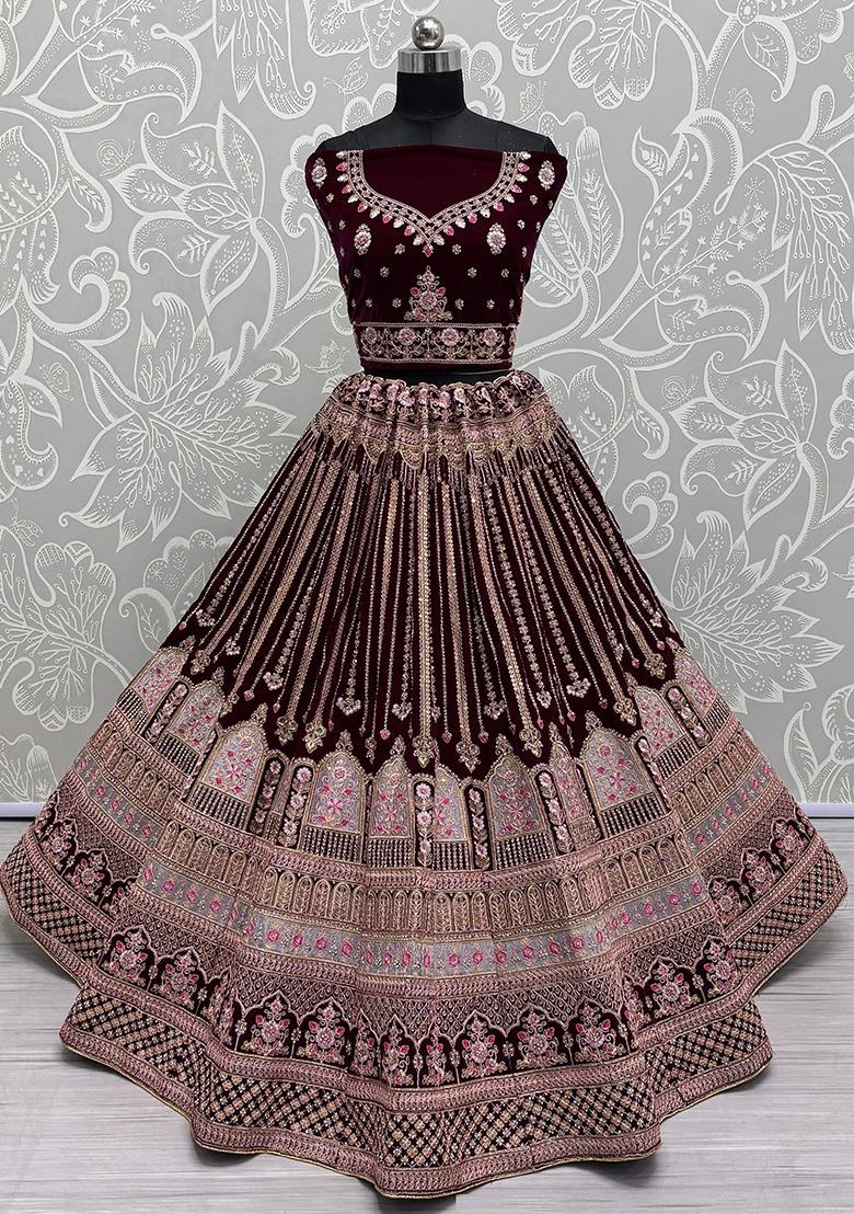 Wine Embroidered Velvet Lehenga Set