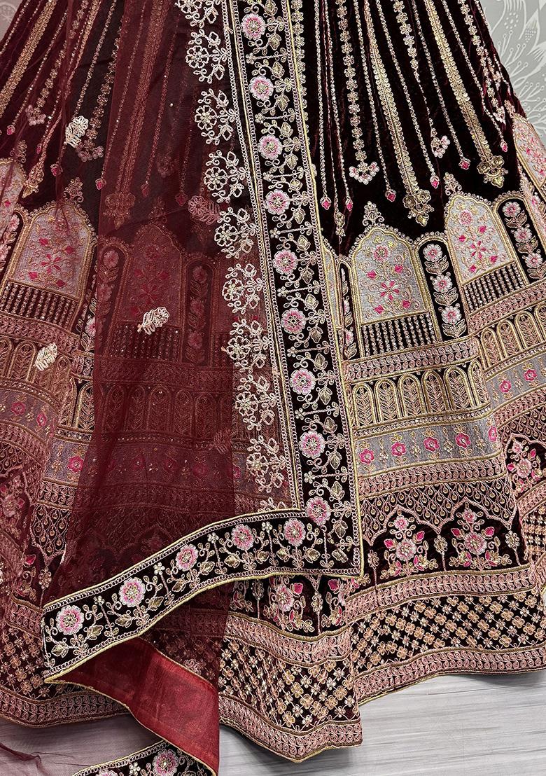 Wine Embroidered Velvet Lehenga Set