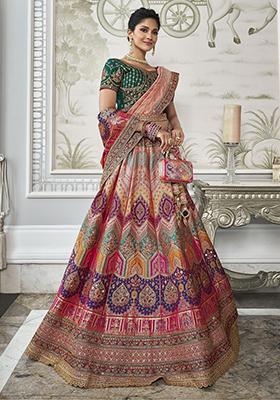 Multicolour Embroidered Silk Lehenga Set