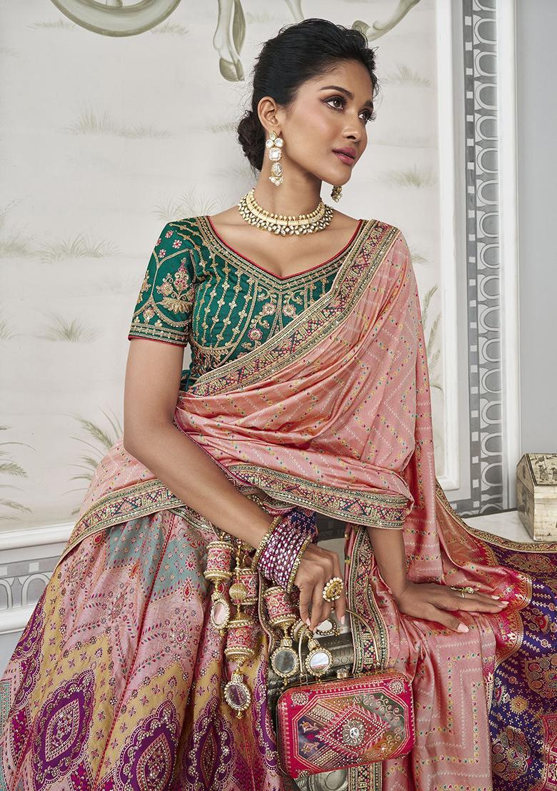 Multicolour Embroidered Silk Lehenga Set