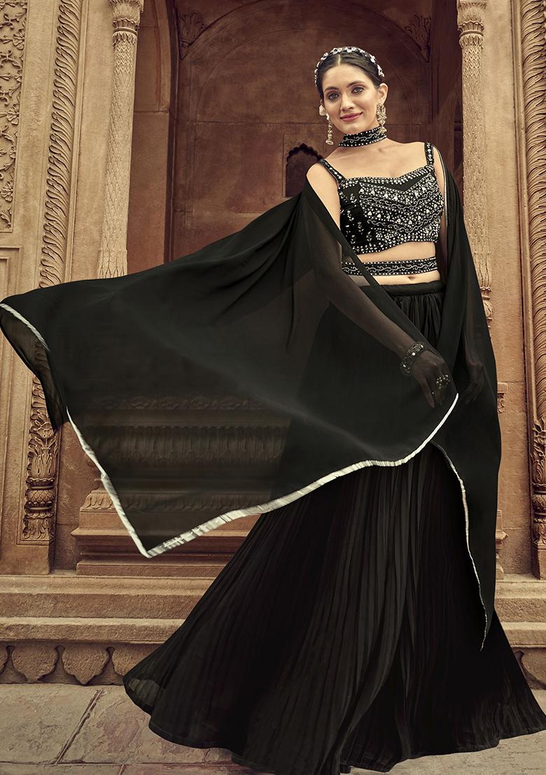 Black Embroidered Georgette Lehenga Set