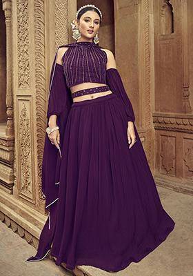 Purple Hand Embroidered Georgette Lehenga Set