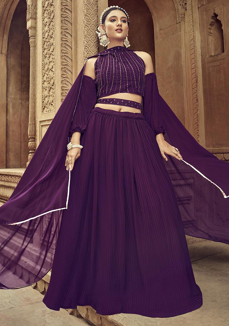 Purple Hand Embroidered Georgette Lehenga Set