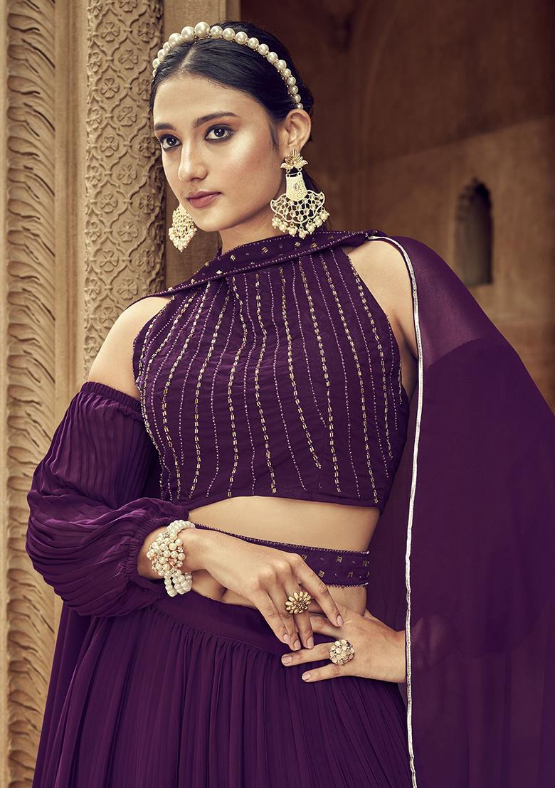 Purple Hand Embroidered Georgette Lehenga Set
