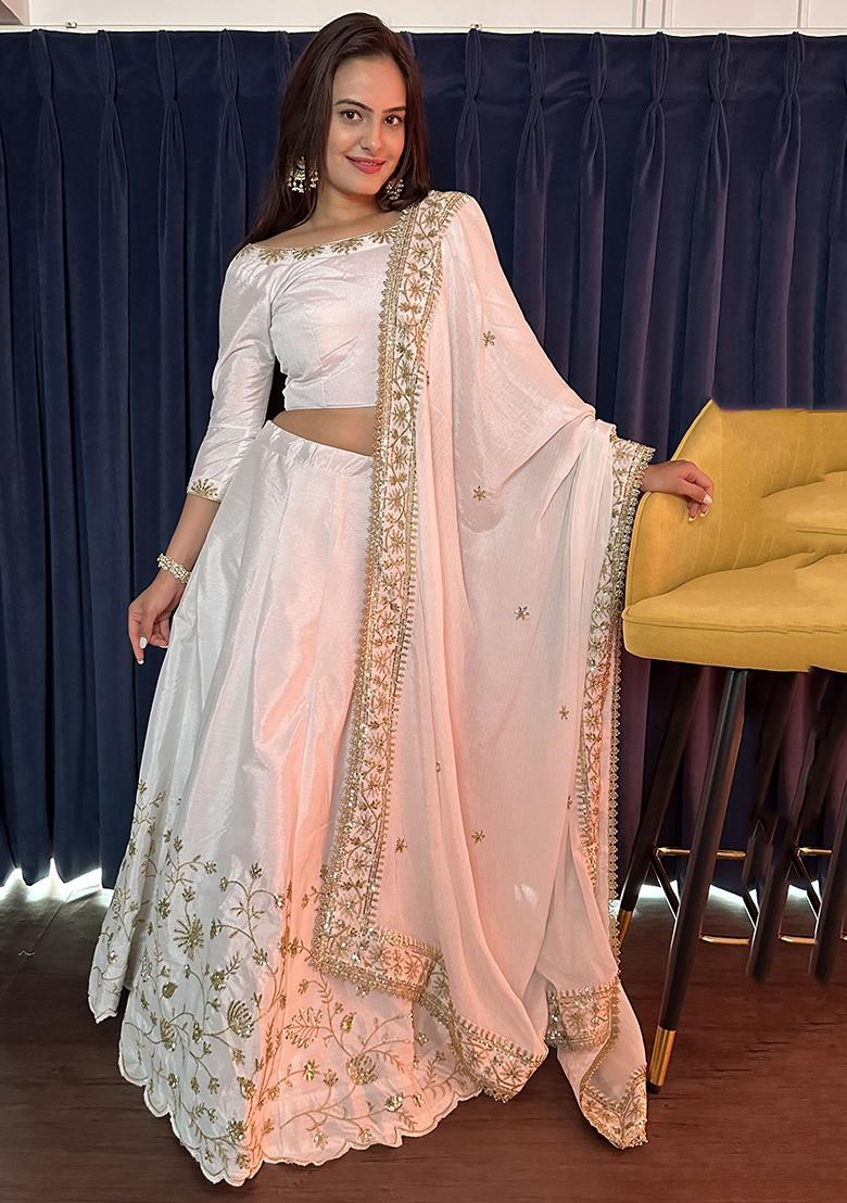 White Sequin Embroidered Silk Lehenga Set