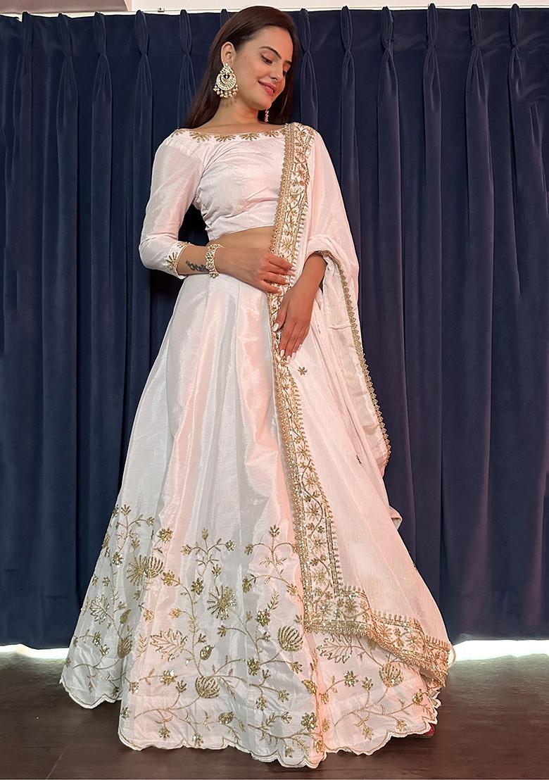 White Sequin Embroidered Silk Lehenga Set
