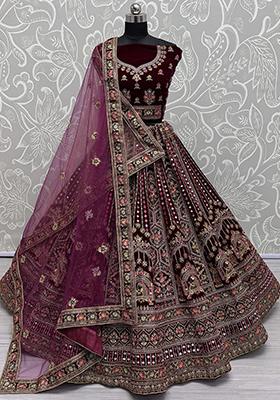 Maroon Embroidered Velvet Lehenga Set