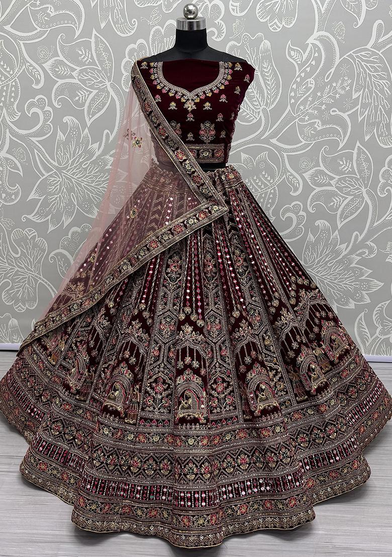 Maroon Embroidered Velvet Lehenga Set