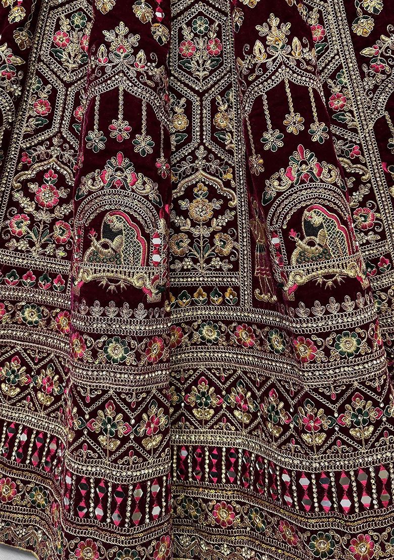 Maroon Embroidered Velvet Lehenga Set