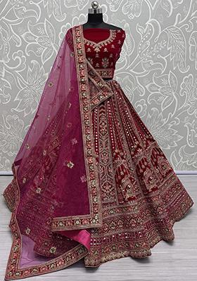 Red Embroidered Velvet Lehenga Set
