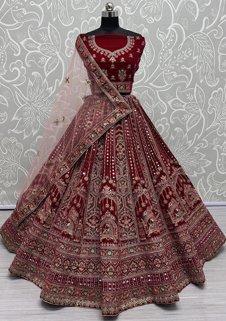 Red Embroidered Velvet Lehenga Set
