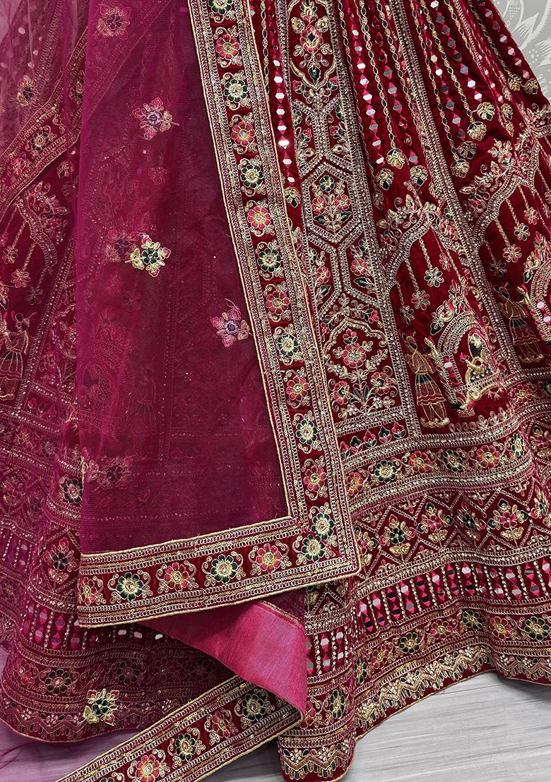 Red Embroidered Velvet Lehenga Set