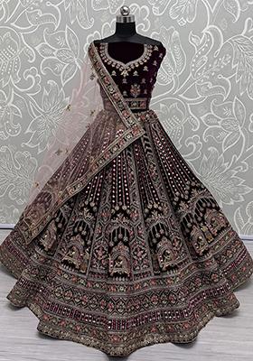 Purple Embroidered Velvet Lehenga Set