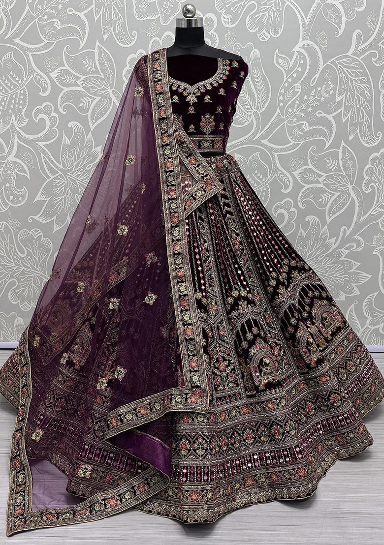 Purple Embroidered Velvet Lehenga Set