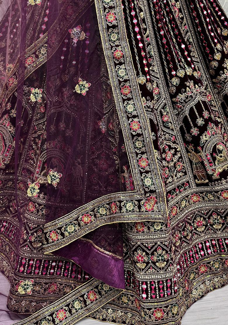 Purple Embroidered Velvet Lehenga Set