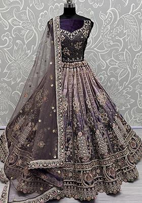 Purple Embroidered Velvet Lehenga Set