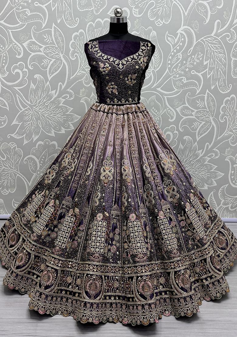 Purple Embroidered Velvet Lehenga Set