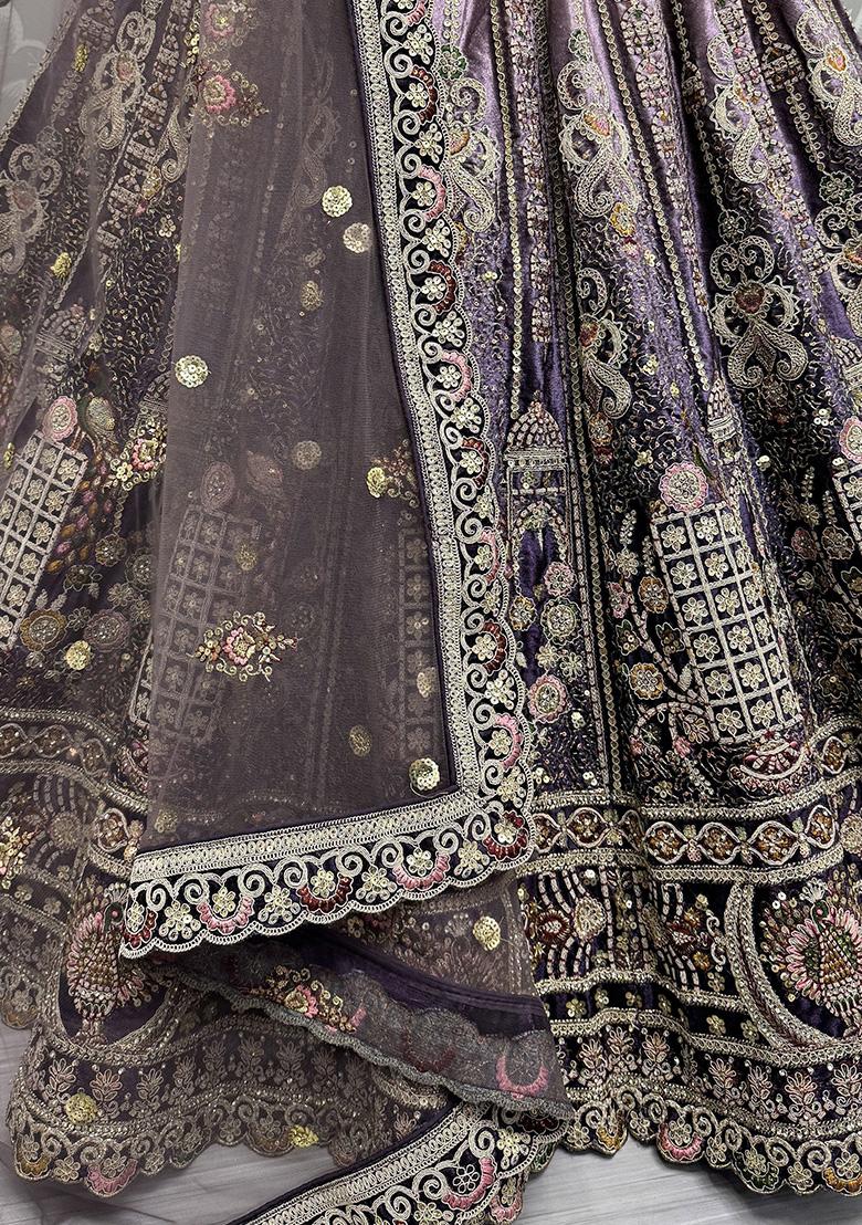 Purple Embroidered Velvet Lehenga Set