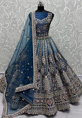 Blue Embroidered Velvet Lehenga Set