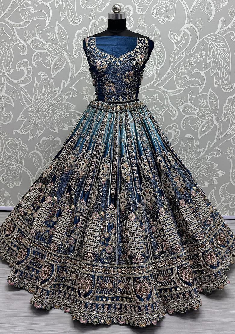 Blue Embroidered Velvet Lehenga Set