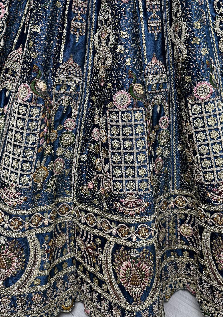 Blue Embroidered Velvet Lehenga Set