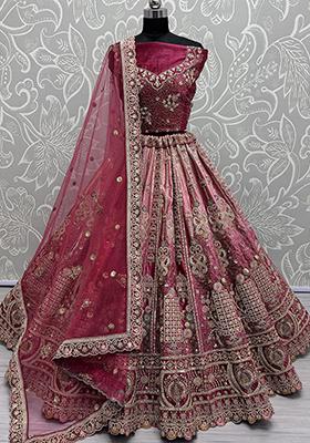 Pink Embroidered Velvet Lehenga Set