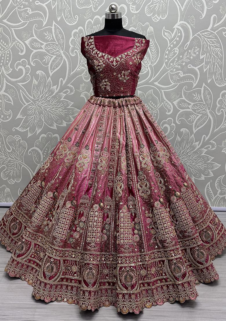 Pink Embroidered Velvet Lehenga Set