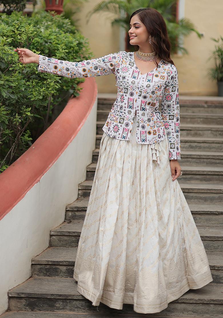 Off White Sequin Embroidered Jacquard Lehenga Set