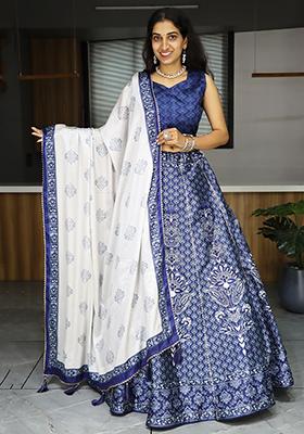 Navy Blue Printed Art Silk Lehenga Set