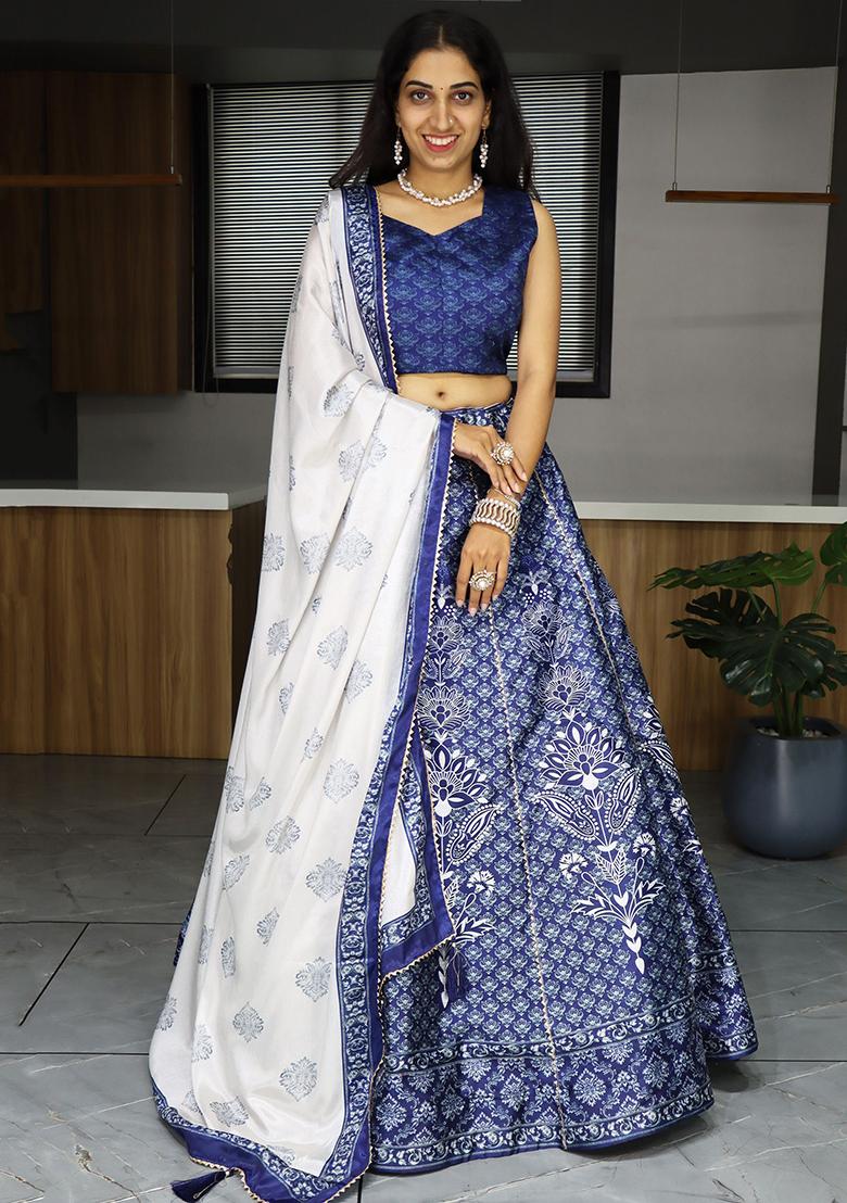 Navy Blue Printed Art Silk Lehenga Set