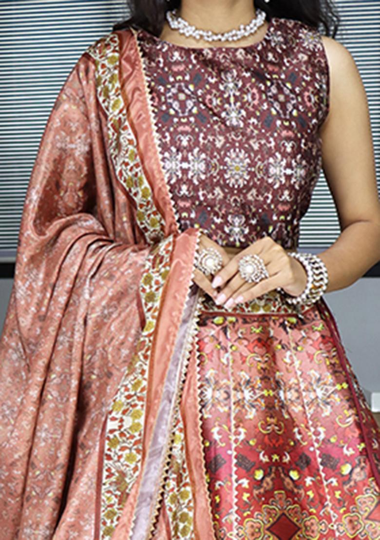 Brown Printed Art Silk Lehenga Set