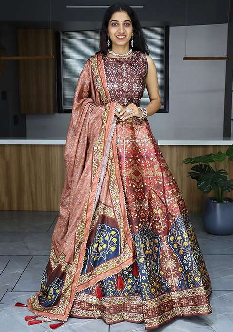 Brown Art Silk Lehenga Set with Printed for Diwali | Wedding & Festive Wear