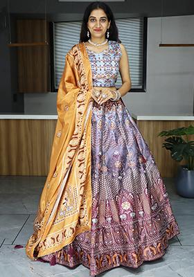 Grey Printed Art Silk Lehenga Set