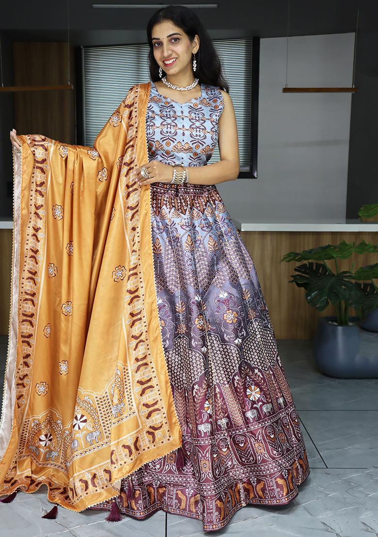 Grey Printed Art Silk Lehenga Set