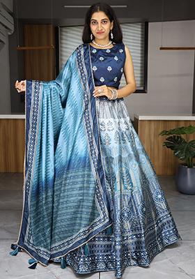 Sky Blue Printed Art Silk Lehenga Set
