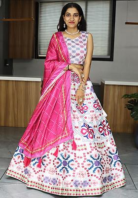 White Printed Art Silk Lehenga Set