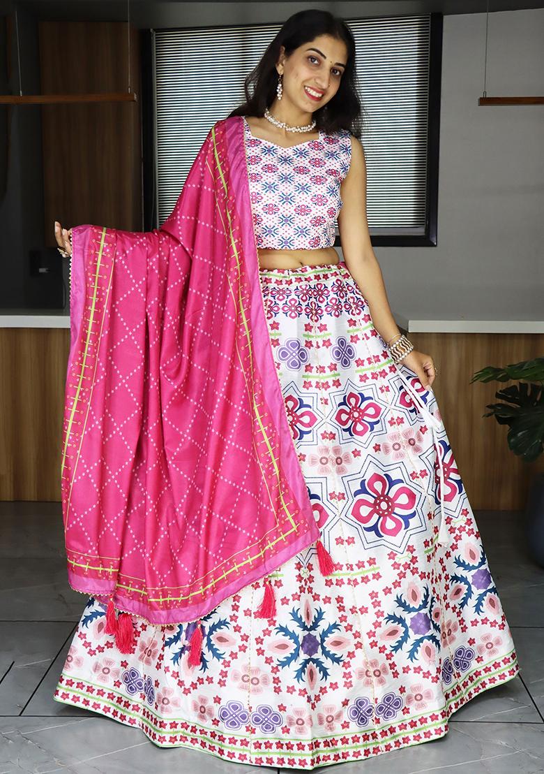 White Printed Art Silk Lehenga Set