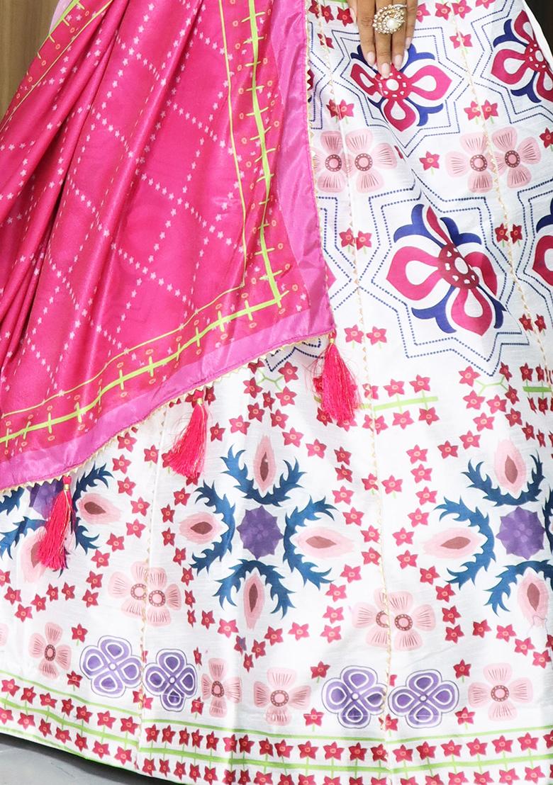 White Printed Art Silk Lehenga Set