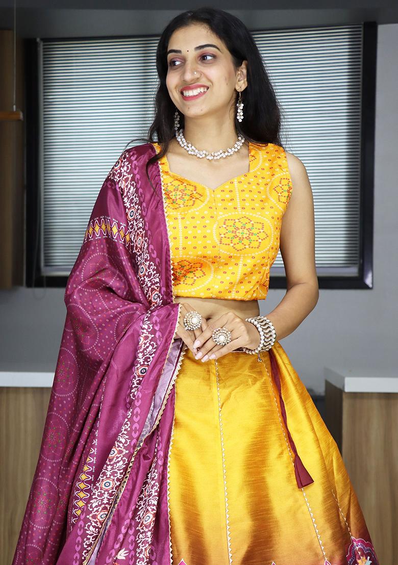 Yellow Printed Art Silk Lehenga Set