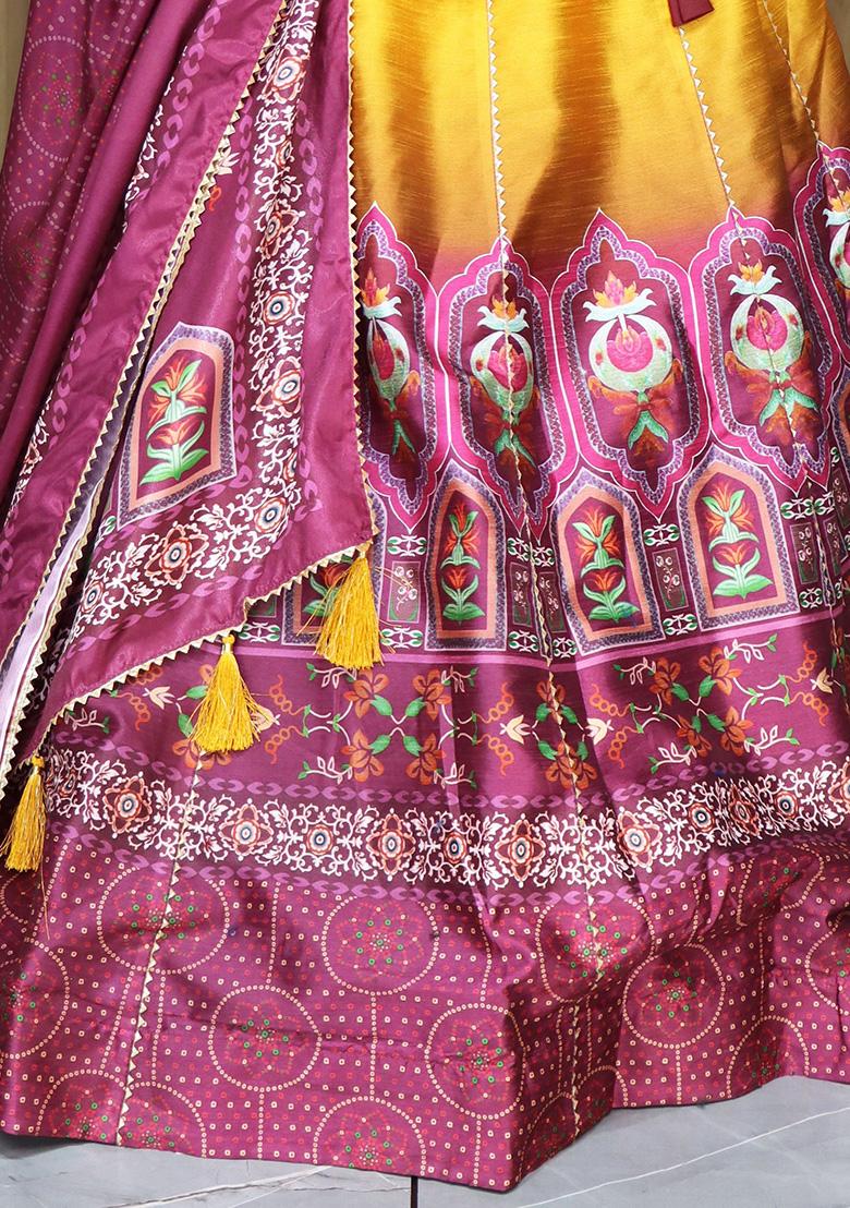 Yellow Printed Art Silk Lehenga Set