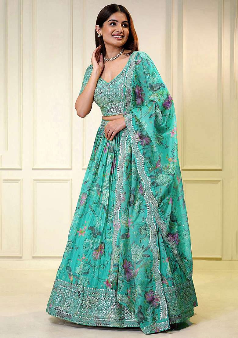 Blue Sequin Embroidered Organza Lehenga Set for Diwali and Festive Wear - Indya